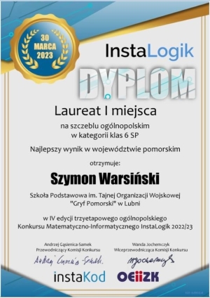 SP LUBNIA: IV edycja konkursu InstaLogik 2022/2023 oraz tytuł laureata dla ucznia ze SP w Lubni